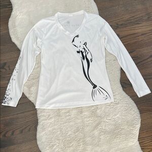 Keys Life Apparel, White Long Sleeve Shirt with Black Mermaid Design, Medium